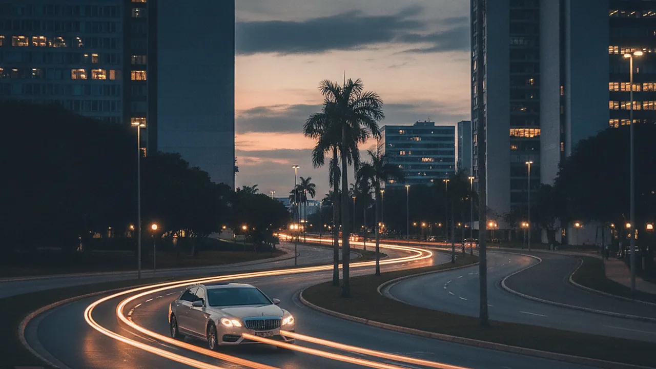 Avenida de Brasília ao entardecer com carro em movimento — Seguro Auto Conseg