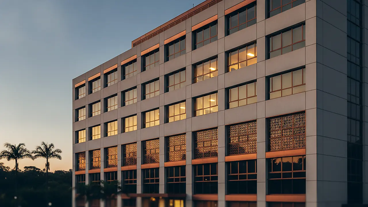 Fachada de prédio comercial ou condomínio ao entardecer — Seguro Empresarial Conseg